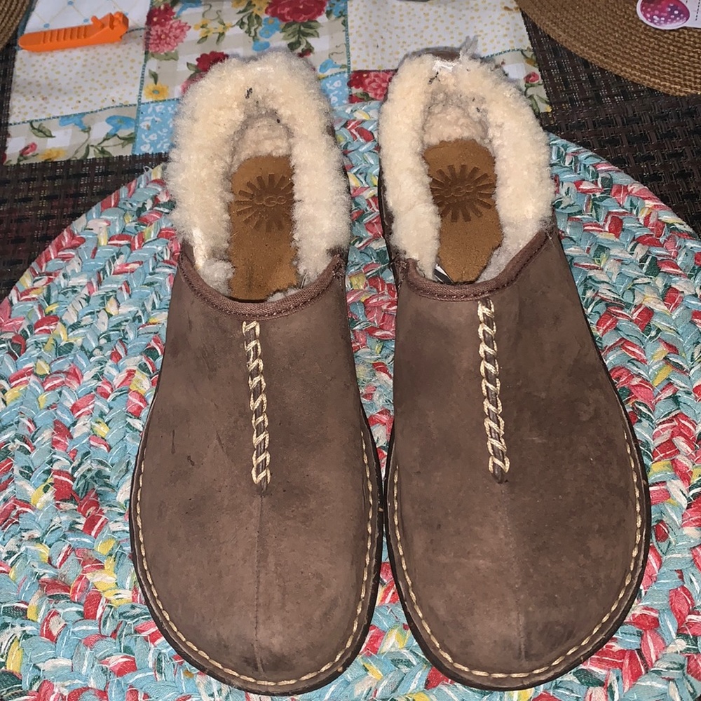 UGG Brown Suede Shearling-Lined Slip-On Clogs